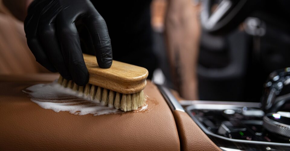 car detailing studio employee cleans the brown leather upholstery of a car with a detergent and a leather cleaning brush
